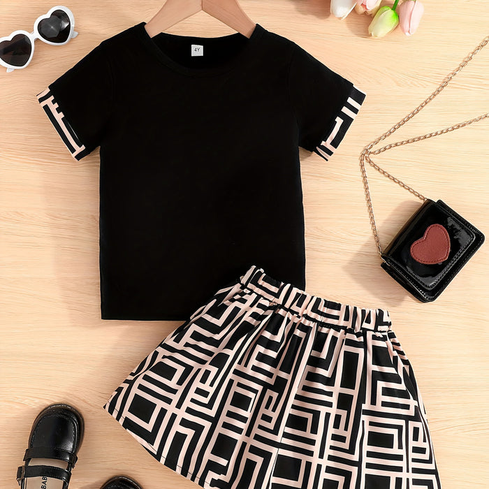 Conjunto infantil de camiseta de manga corta con ribete gráfico y minifalda acampanada