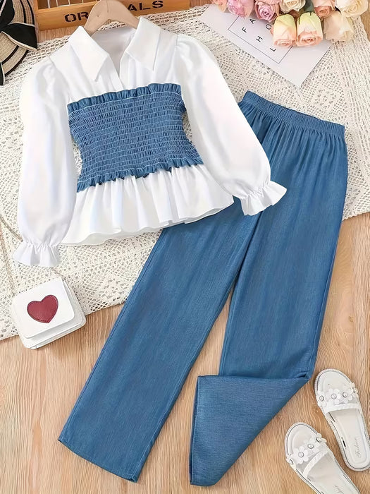 Conjunto de 2 piezas para niña con camisa de cuello con muescas y pantalón de pierna ancha