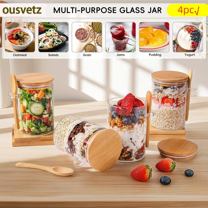 4pcs Taza de Vidrio de Borosilicato Alto con Tapa de Bambú y Cuchara para Avena y Desayunos