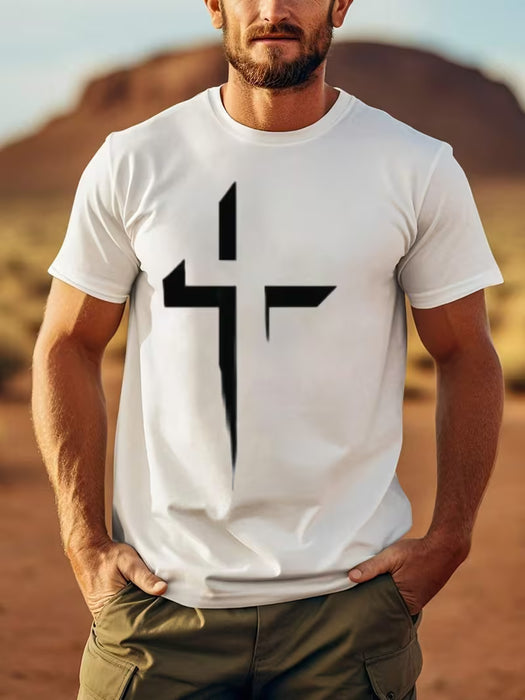 Camiseta Minimalista Abstracta Negra con Estampado Geométrico para Hombre - crema