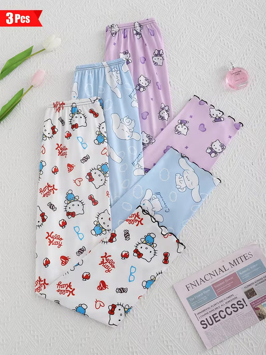 3pcs Pijamas de Mujer Dibujos Animados KT Gato Pantalones de Dormir