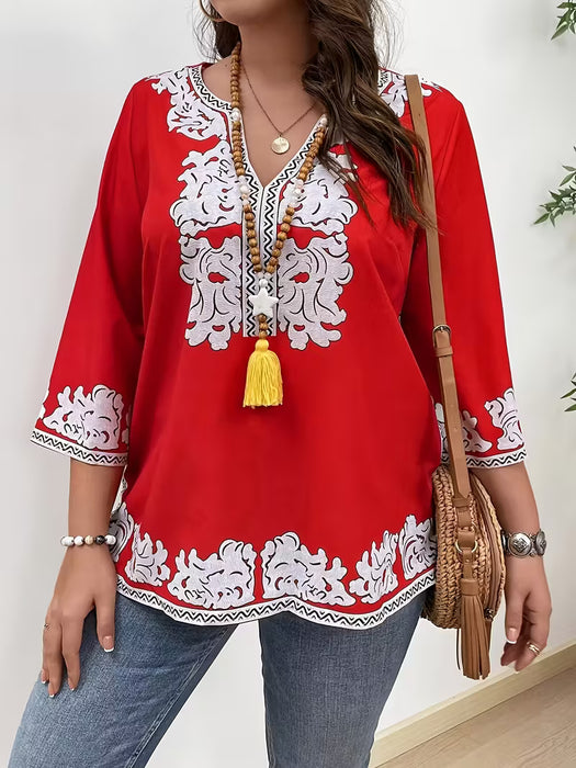 Blusa Elegante de Mujer con Estampado Floral y Cuello en V - Manga Larga