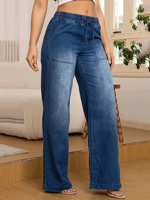 Jeans de pierna recta para mujer con cintura elástica y cordón