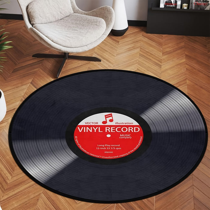 Alfombra Redonda Negra con Diseño de Disco Musical, Ideal para Salas de Estar, Dormitorios 80*80cm