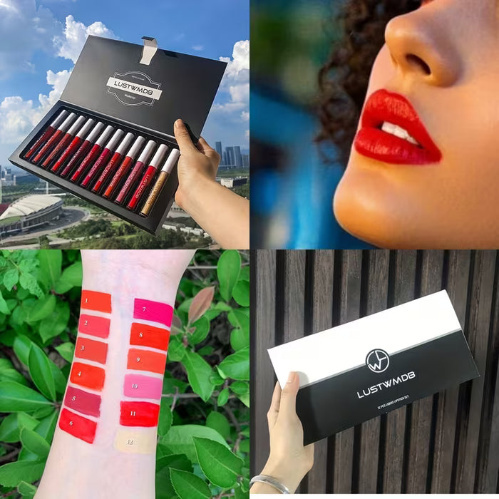 Set de 12 Brillos Labiales Brillantes en Caja Dorada con Fórmula Impermeable y de Larga Duración