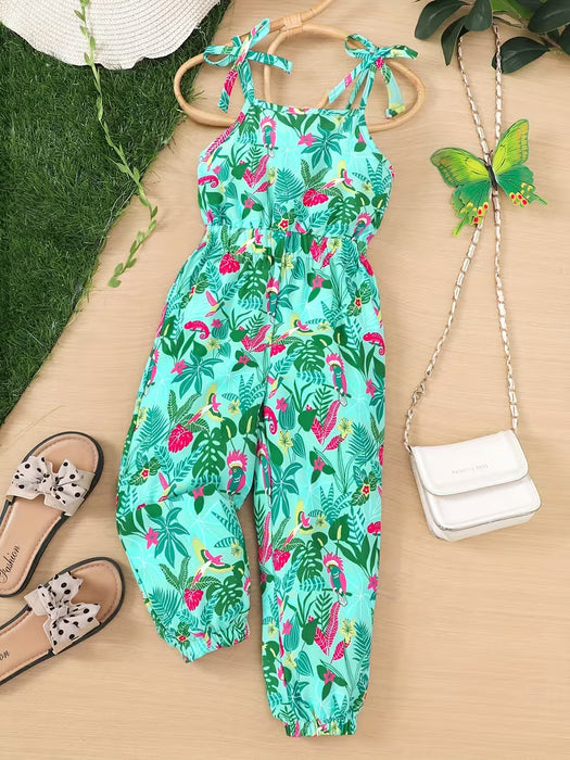Mono con tirantes para niñas, estilo vacacional de verano, con estampado de hojas verdes