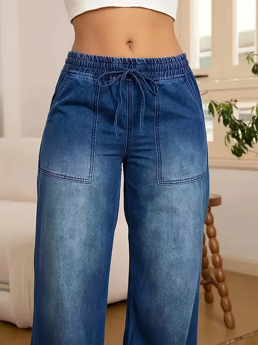 Jeans de pierna recta para mujer con cintura elástica y cordón