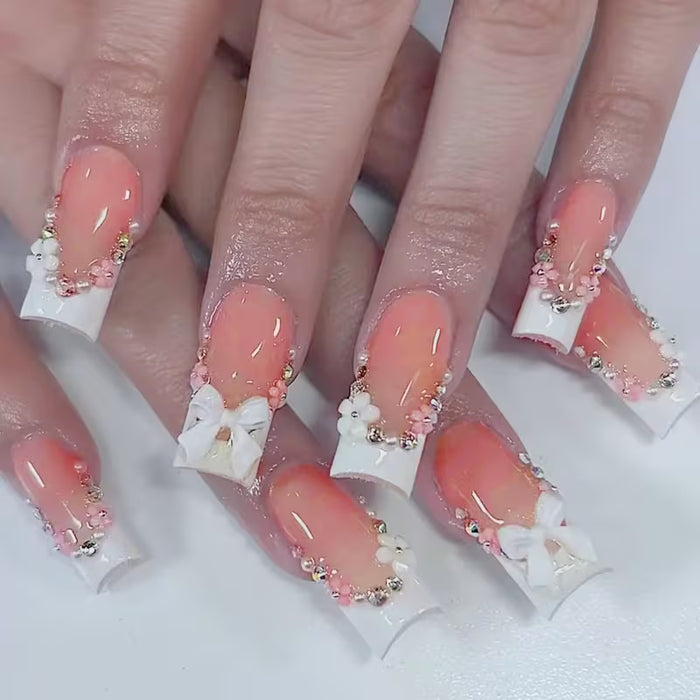 24 piezas uñas postizas de cobertura total con diseño de lazo 3D para mujer