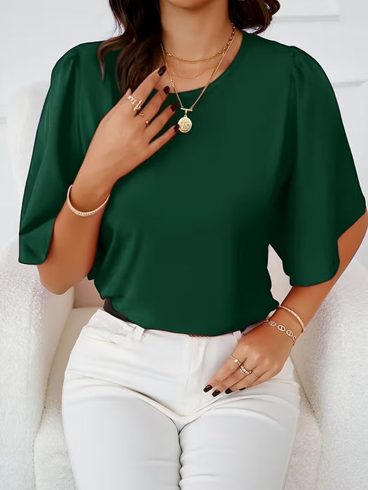 Camisa de Cuello Redondo en Color Sólido, Camisa con Mangas Volantes Elegantes