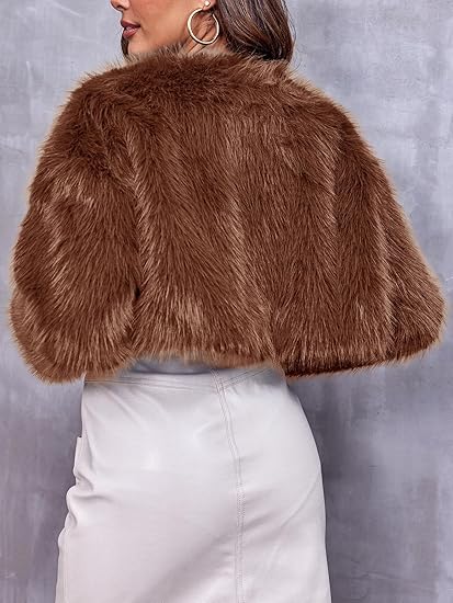 Danedvi Chaqueta corta de piel sintética para mujer, manga larga, frente abierto, casual, mullida - Quierox - Tienda Online