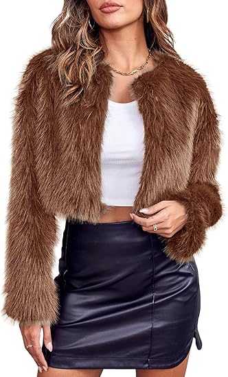 Danedvi Chaqueta corta de piel sintética para mujer, manga larga, frente abierto, casual, mullida - Quierox - Tienda Online