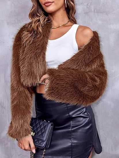 Danedvi Chaqueta corta de piel sintética para mujer, manga larga, frente abierto, casual, mullida - Quierox - Tienda Online