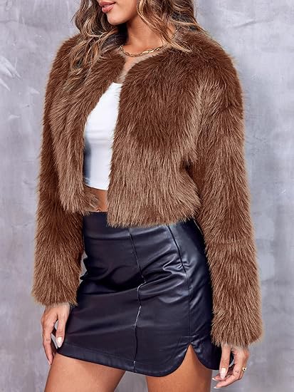 Danedvi Chaqueta corta de piel sintética para mujer, manga larga, frente abierto, casual, mullida - Quierox - Tienda Online