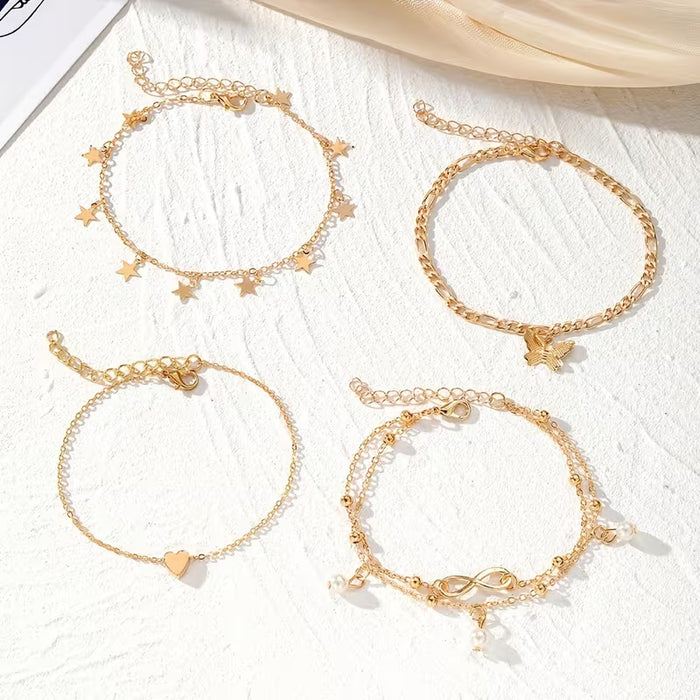 4 Piezas de Cadenas de Tobillo Apilables con Símbolo de Infinito y Cuentas de Mariposa