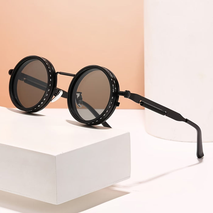 Gafas elegantes de montura redonda con diseño giratorio de 360° y polarización de brillo ajustable tipo lente
