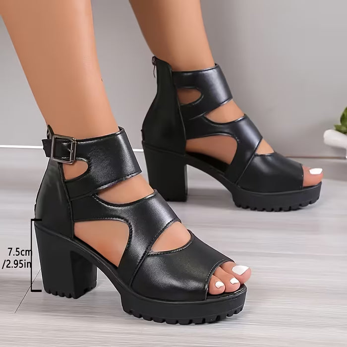 Sandalias de mujer con tacón grueso, puntera abierta y diseño recortado
