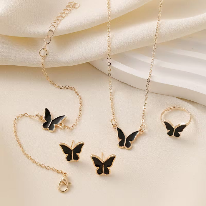 Conjunto de 4 piezas de joyería de mariposa, con collar, pendientes, anillo y pulsera.