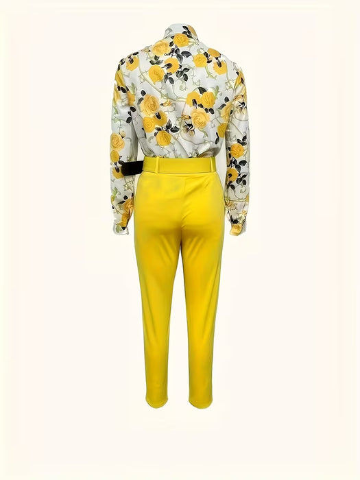 Conjunto Elegante de Blusa con Escote en V y Pantalóns Ajustado con Cinturón