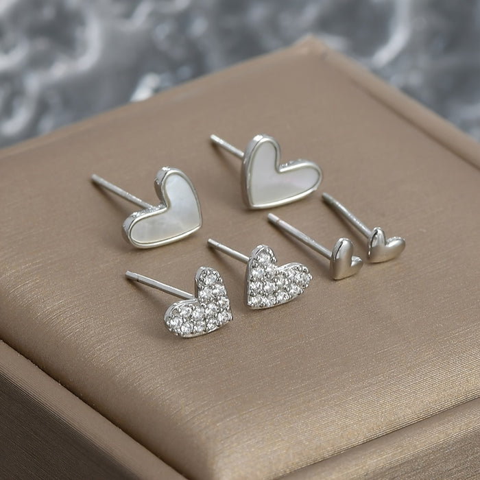Juego de 3 pares de aretes de tachuela elegantes con forma de corazón para mujer