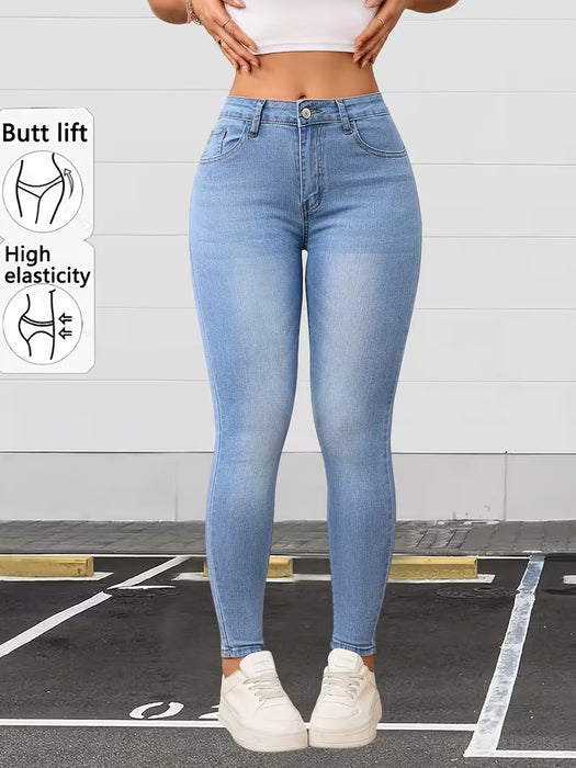 Pantalones skinny de mezclilla elástica azul claro con textura retro lavada