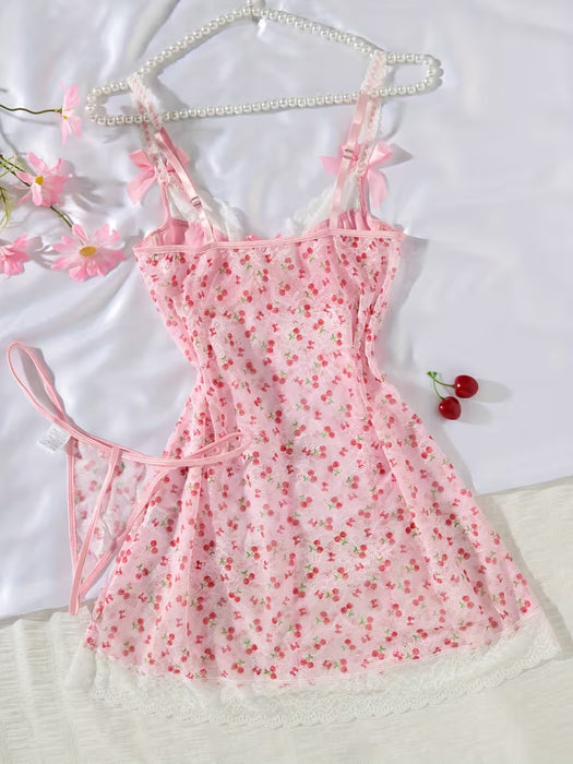 Pijama para Mujer, Estampado de Cerezas Rosas con Encaje Contrastante