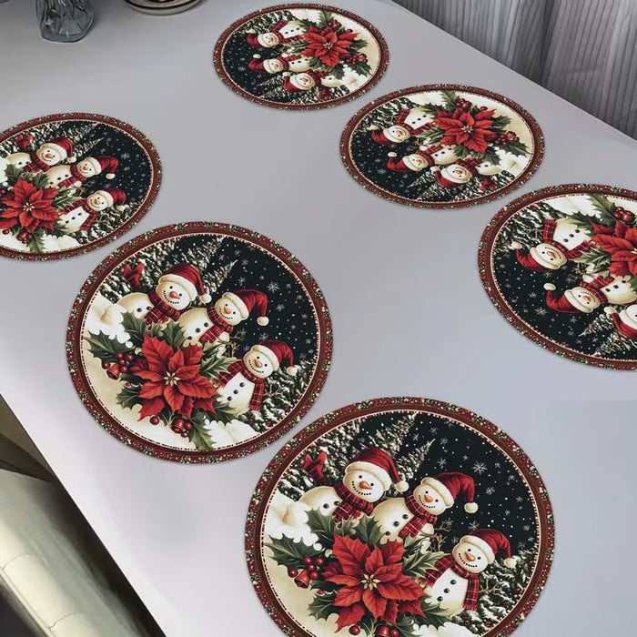 6 Manteles individuales de muñeco de nieve navideño impresos en 2D, diámetro de 15 pulgadas
