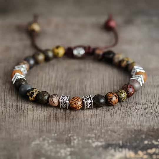Pulsera ajustable artesanal con cuentas de piedra de patrón irregular de estilo vintage