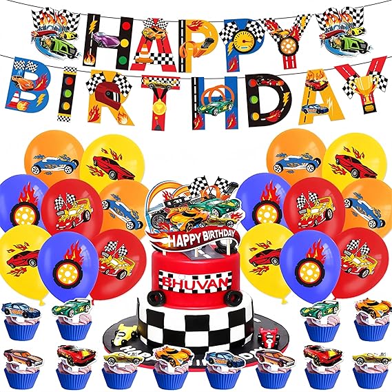 Decoración de fiesta de cumpleaños con ruedas para automóvil de carreras con temática de feliz cumpleaños - Quierox - Tienda Online