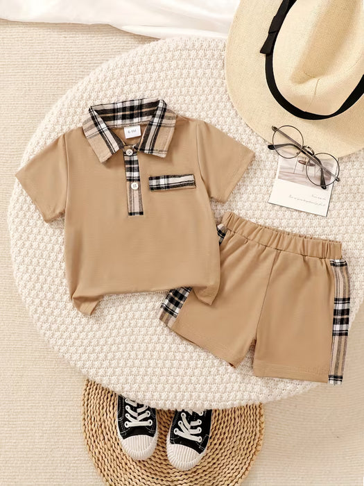 Camisetas con Cuello de Cuadros para Niño y Shorts Casuales con Cintura Elástica