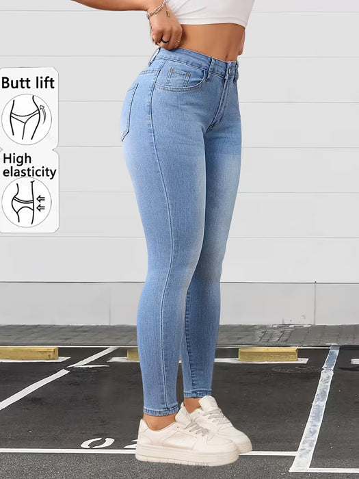 Pantalones skinny de mezclilla elástica azul claro con textura retro lavada