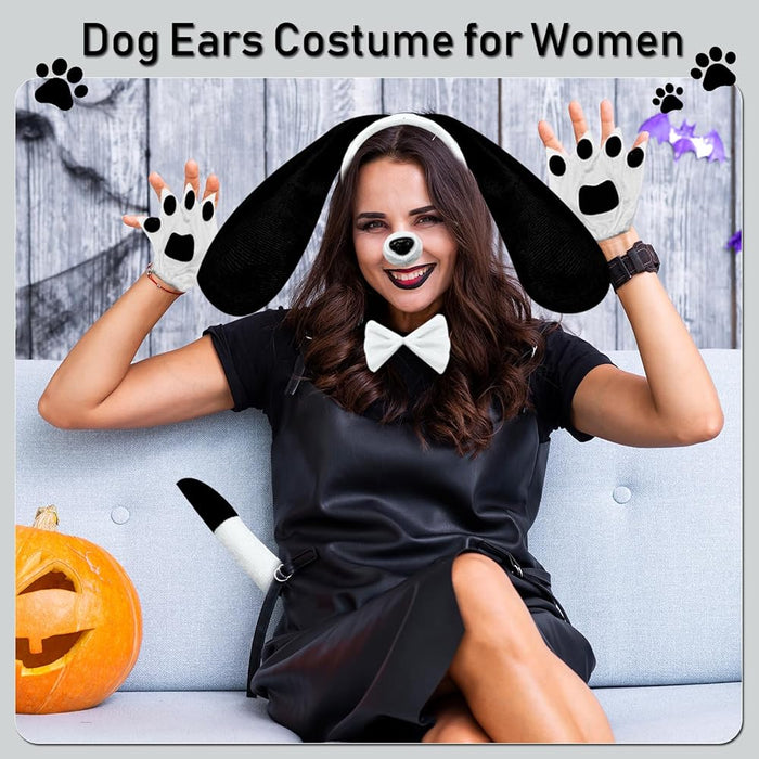 Diadema con orejas largas de perro, con lazo, nariz, cola, guantes de pata de cachorro para mujer - Quierox - Tienda Online