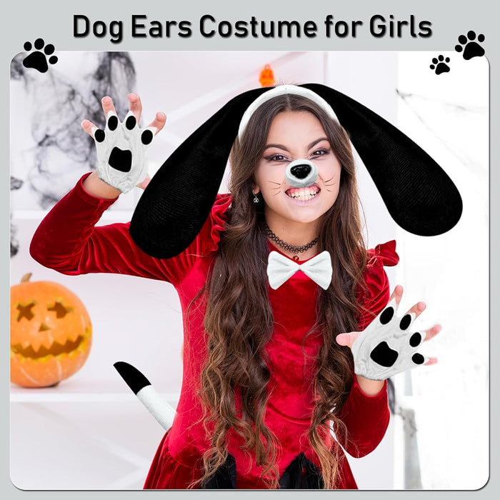 Diadema con orejas largas de perro, con lazo, nariz, cola, guantes de pata de cachorro para mujer - Quierox - Tienda Online