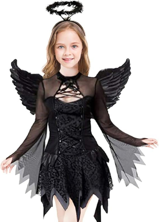 Disfraz de ángel caído para niñas, vestido de fiesta negro con diadema y alas - Quierox - Tienda Online