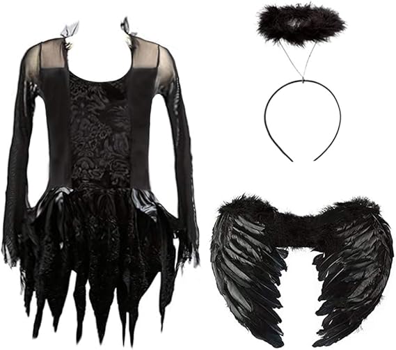 Disfraz de ángel caído para niñas, vestido de fiesta negro con diadema y alas - Quierox - Tienda Online