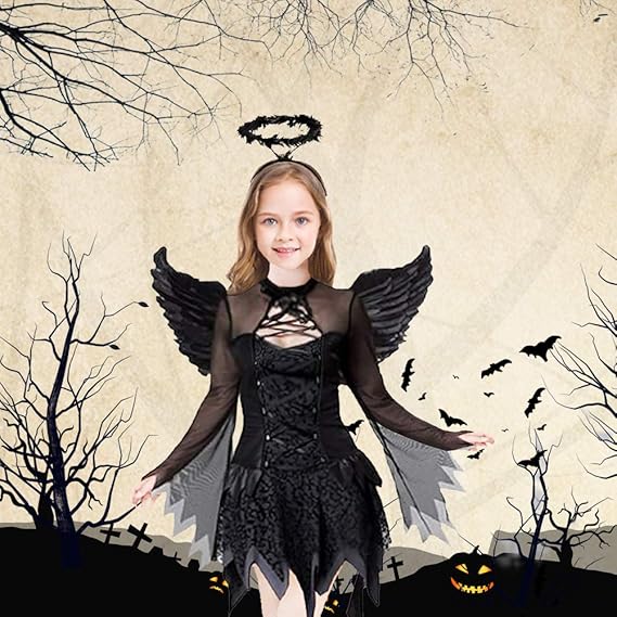 Disfraz de ángel caído para niñas, vestido de fiesta negro con diadema y alas - Quierox - Tienda Online