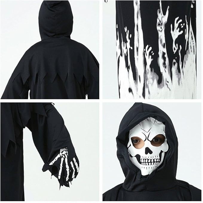 Disfraz de la Parca de Halloween para niños, mono con capucha, máscara y guantes, esqueleto de demonio fantasma - Quierox - Tienda Online