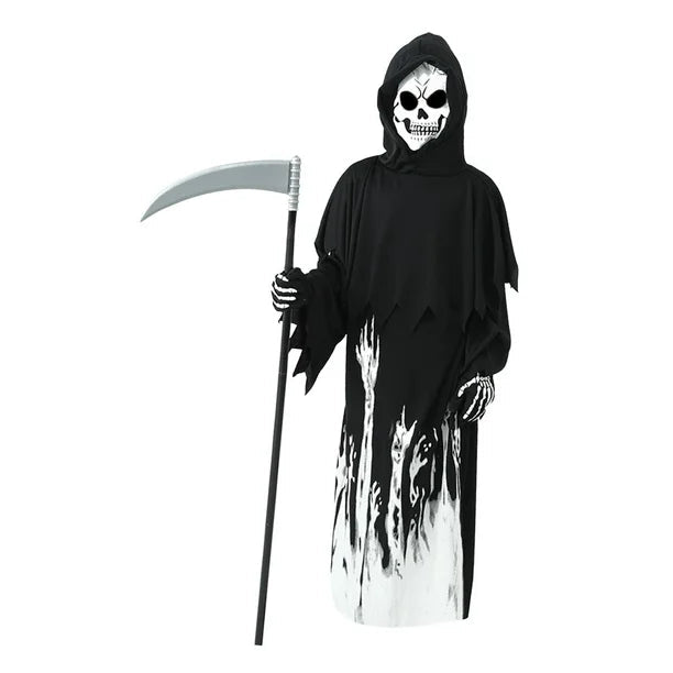 Disfraz de la Parca de Halloween para niños, mono con capucha, máscara y guantes, esqueleto de demonio fantasma - Quierox - Tienda Online