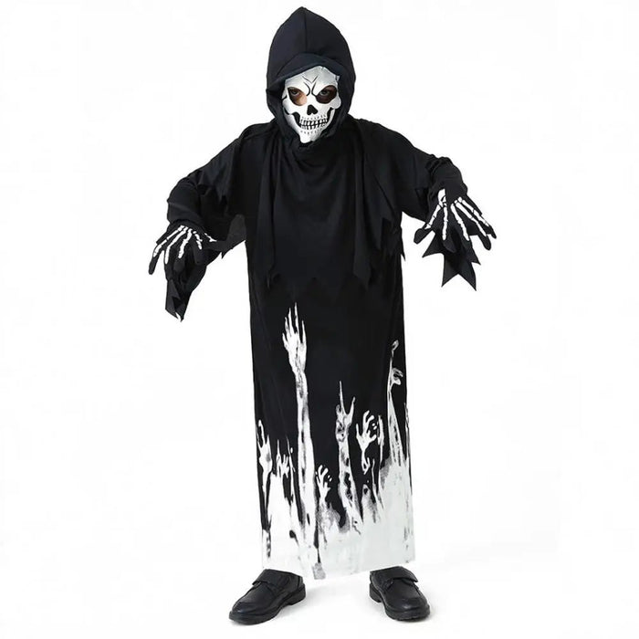Disfraz de la Parca de Halloween para niños, mono con capucha, máscara y guantes, esqueleto de demonio fantasma - Quierox - Tienda Online