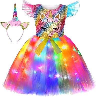 Disfraz de unicornio para niñas, vestido de tutú de princesa con luz LED y diadema de unicornio - Quierox - Tienda Online