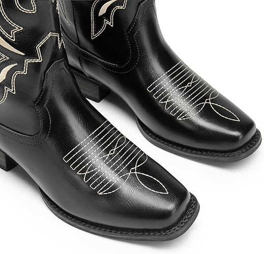 DREAM PAIRS Botas vaqueras de punta cuadrada para mujer, con bordado cosido - Quierox - Tienda Online