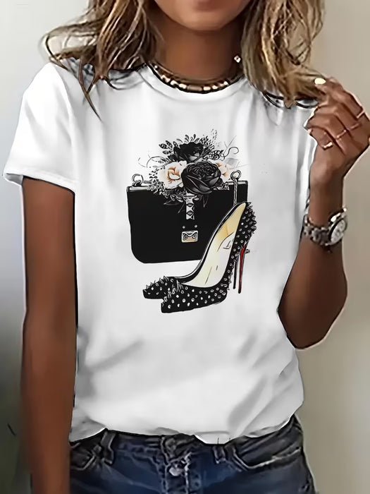 Camiseta de moda para mujer con estampado de tacón alto 3D y bolso