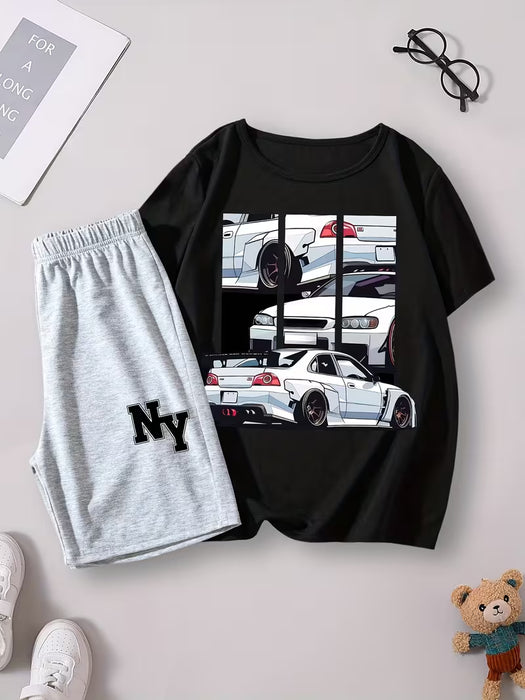 Conjunto Casual de Verano para Niños: Camiseta con Estampado de Coche y Shorts Largos