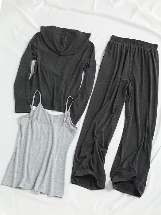 Conjunto de Sudadera con Capucha, Chaleco, Pantalones Casuales de Pierna Ancha