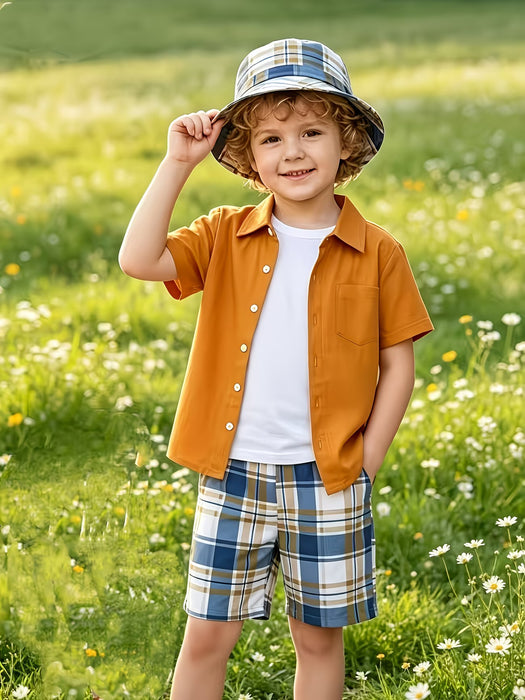 Conjunto casual de verano para niños de 3 piezas de camisa, pantalones y sombrero