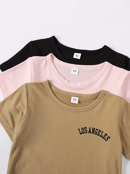Conjunto De 3 Piezas De Ropa De Verano Para Bebé Con Estampado De "Los Angeles", Incluye Camiseta Y Pantalones Cortos
