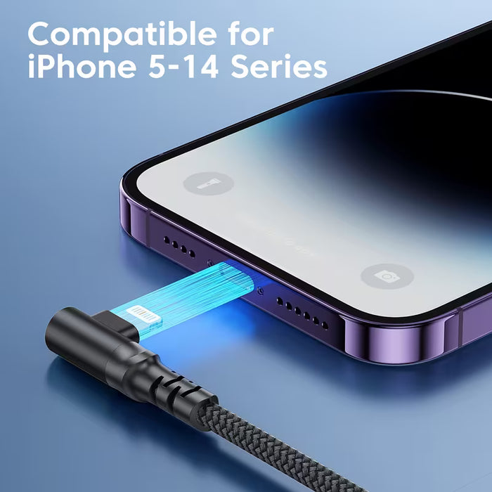 Cable Lightning derecho para iPhone 0.3m de nylon trenzado a 90 grados para carga rápida