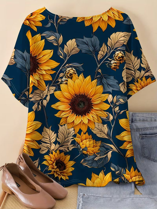 Camiseta Casual de Manga Corta con Cuello Redondo con Estampados de Girasoles