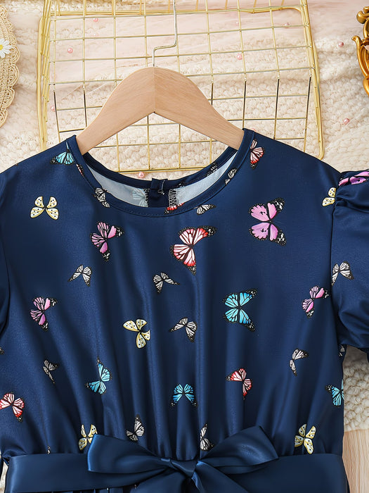 Vestido de Verano para Niñas con Mangas Bufantes, Estampado de Mariposas y Cinturón Plisado