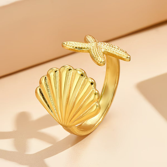 Anillo Dorado Ajustable de Concha y Estrella de Mar para Mujer