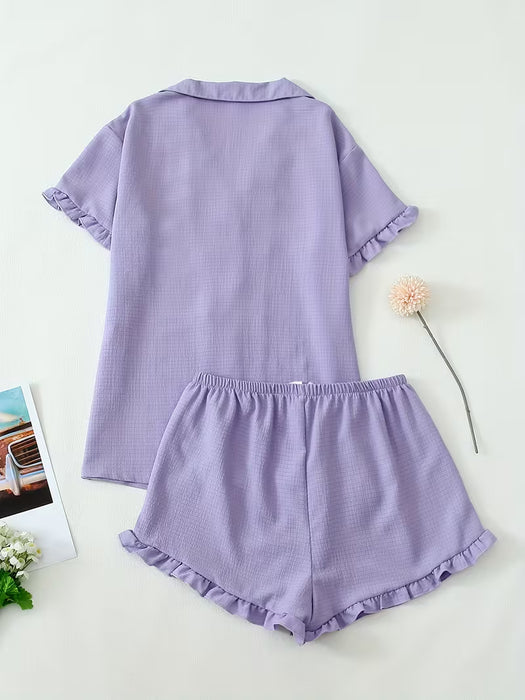 Conjunto de pijama para mujer con solapa y borde de hoja de loto, color liso